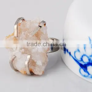 Natural Real Rough Drusy Black Agate Crystal Amethyst Rings Gemstone Ring With Adjustable Metal Women Finger Jewelry thumbnail-5