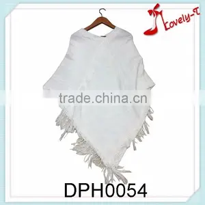 Women New Fashion White Flower Embroidery Acryclic Crochet Knit Pullover Poncho Sweater With Tassels thumbnail-1