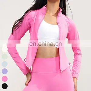 Custom Women Clothing Stand Up Collar Full Zip Drawstring Sports Tops Long Sleeve Gym Fitness Short Jackets Women Yoga Jacket thumbnail-4