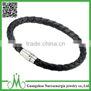 High Fashion Black Stainless Steel Wristband PU Genuine Leather Wide Mens Jewelry thumbnail-6