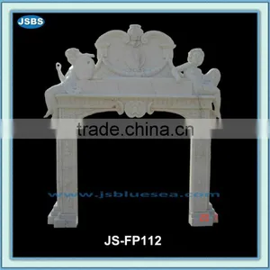 White Stone Interior Fireplace Mantel With Angel Statues thumbnail-1