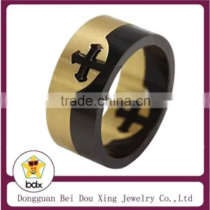 Hot Sell Stylish Catholic Prayer Jewelry Gold And Black Two Tone Religious Jesus Cross Stainless Steel Blessed Finger Ring thumbnail-1