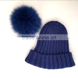Myfur Royal Blue Classic Style Winter Knit Hat With Fox Fur Pom Pom thumbnail-3