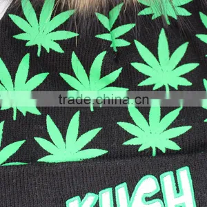 Myfur Adult Screen Green Leaf Printed Skull Hat With Real Fur Pom Pom thumbnail-5