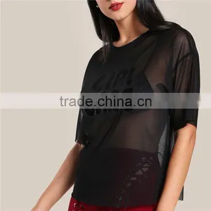 2017 Customized Factory Round Neck Tunic Flock Print Mesh Top thumbnail-6