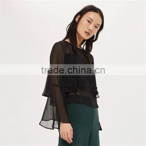 Gorgeous Cropped Flute Crinkle Sleeve Black Semi Sheer Blouse thumbnail-6