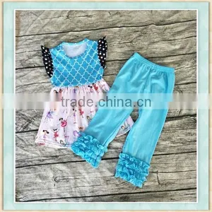2017 Stylish Girl Outfit Clothing Dancing Girl Pattern Print Top and Bule Ruffle Pant Baby Wear Clothes thumbnail-1