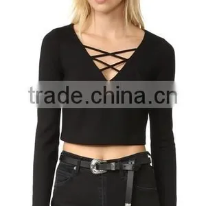 OEM Seriver Women T Shirt Black Soild Color Cotton Jesery V Necklace T Shirt thumbnail-1