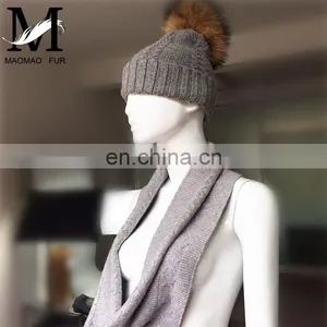 Whosale Fashion Winter Long Wool Knit Collar Real Top Pom Hat Scarf Attached thumbnail-2