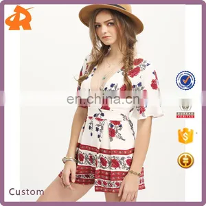 Japanese Girl, Lady Dress, Multicolor Print Half Sleeve Deep V Neck Jumpsuit thumbnail-1