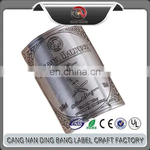 High Quality Custom Made Bottle Decoration Use Brushed Aluminum Embossde Cambered Wine Metal Sticker thumbnail-1