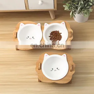 Eco Friendly Custom Designer Luxury Ceramic Stand Elevated Raised Dog Cat Pet Water Food Bowls & Feeders Bamboo Rack Frame thumbnail-2