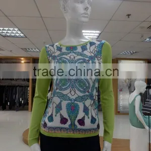 Classic Women Style 100%wool Knitwear Sweater and Sew the Print Fabric on Front thumbnail-1