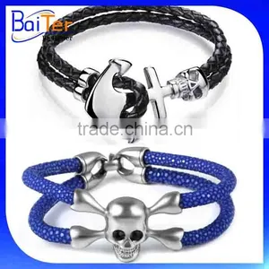 Hot Sale Stainless Steel Exotic Handmade North Skull Stingray Bracelet/Arrow Cuff Mens Leather Bracelet Anchor Bracelet thumbnail-1