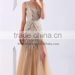 Fashion One Shoulder V Neck Beaded Long Japanese Prom Dresses 2015 Vestidos de Fiesta thumbnail-3