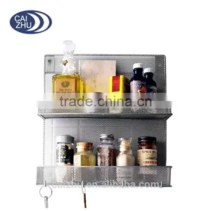 Wall Mount 2 Tiers Silver Mesh Spice Rack Organiser Shelf thumbnail-2