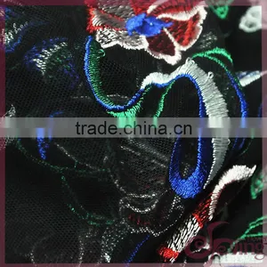 Colorful Flower Embroidered Tulle Lace Fabric, Elegant Shining Poly Mesh Embroidered Fabric thumbnail-6