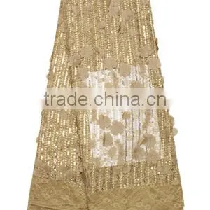 Fashionable Gold Color Handwork 3D Flower French Net Lace Fabric French Lace for Bride Dress FL1381 thumbnail-1