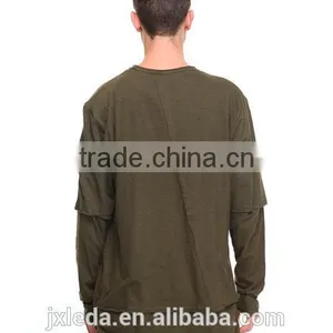 Pieced Layered Construction Raw Mens Athleisure Crew Neck Collar Longline Tees thumbnail-4
