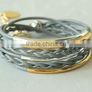 Leather Wrap Bracelet With Tubes, Double Wrap Braided Leather Bracelet, Gold and Silver Tubes Leather Wrap Bracelet thumbnail-1