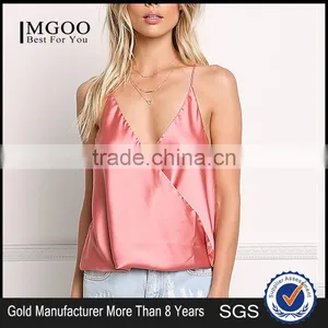 MGOO Foshan Factory Made Pink Satin Cami Sleeveless Strap Girls V Neck Summer Tops Women Blouses thumbnail-1