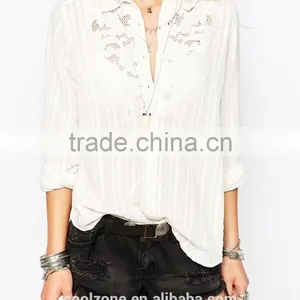 100% Cotton Relaxed Fit Crochet Detail Lady Shirt,fashion Full Sleeves Shirts thumbnail-4