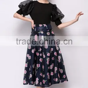 100% Polyester Sweet Floral Midi A-Line Bubble Skirt thumbnail-4