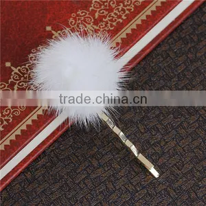 New Fashion White Pom Ball Gold Plated Sable Fur Hair Clips thumbnail-1