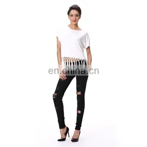 2016 Top Selling New Style Blank White Women T-shirt With Tassel thumbnail-5