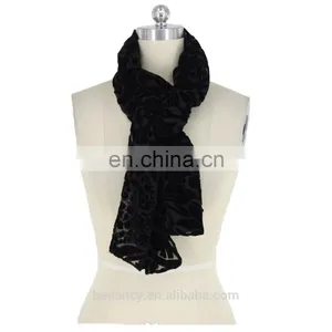 Black Burgundy Burnt Out Flower Pattern Velvet Silk Scarf For Muslin Hijab Ladies Scarves thumbnail-3