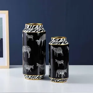 Nordic Style Entry Luxury Black Zebra Painting Cylinder Ceramic Flower Storage Vases With Lid For Home Decoration thumbnail-3