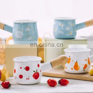 Mini Vintage White Cooking 16Cm Die Cast Enamel Milk Steamer Pot With Handle thumbnail-1