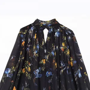 French Printed Loose Casual Hanging Neck Mid Length Dress for Women thumbnail-2