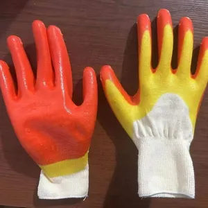 White Cotton Thread 13 Gauge Knitted Smooth Finish Yellow Latex Coating Firstly and Orange Latex Palm Double Coated Safety Work Gloves for Workers thumbnail-1