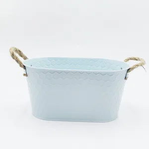 Pastel Oval Metal Planter Basket, Honeycomb Embossed Iron Bucket With Handles for Farmhouse Dried Flower Home Decor thumbnail-4