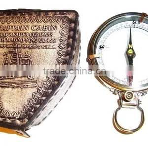 SOLID BRASS NAUTICAL MAP READER COMPASS - MAGNIFYING GLASS COMPASS WITH LEATHER CASE 13526 thumbnail-1