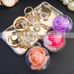 New Arrive Big Ball Inside With Crystal Flower Key Rings Pearl Keychain For Car Bag Key Chains Accessories thumbnail-1