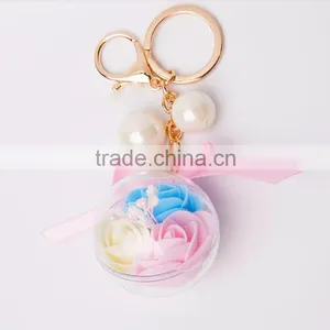 New Arrive Big Ball Inside With Crystal Flower Key Rings Pearl Keychain For Car Bag Key Chains Accessories thumbnail-3