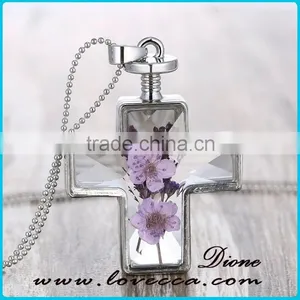 Fashion Latest Design Golden Cross Real Dried Flower Necklace Crystal thumbnail-2