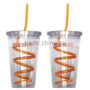 Single Wall Insulated Plastic Drink Cup Glass w Curly Crazy Straw Travel Tumbler thumbnail-4