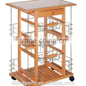 2017 Good Quality Factory Wooden Kitchen Trolley With Three Metal Wire Brackets/ceramic Tile on Top With Drawer and Large Volume thumbnail-1