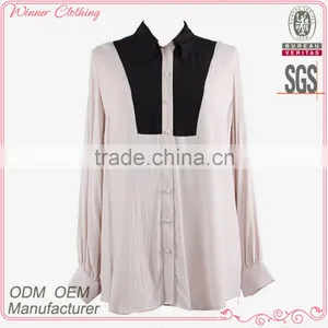 Direct Factory Supply Long Sleeve White Black Contrast Simple Design Elegant Chiffon Blouse for Middle Aged Women thumbnail-1