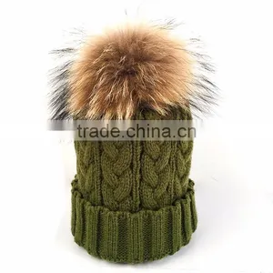 Myfur Khaki Green Wool Knitting Cap and Hat for Adults With Real Raccoon Fur Pom Pom thumbnail-1