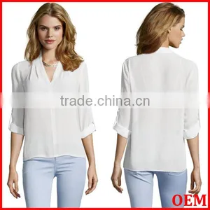 100% Polyester Long Sleeve v Neck Blouse Hi-low Woman Blouse thumbnail-1