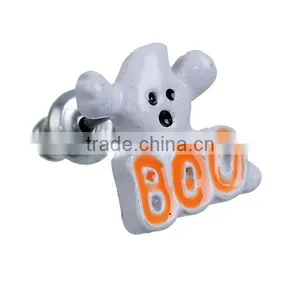Ear Studs Earrings White & Orange Halloween Ghost Message Boo " Carved x 11mm thumbnail-2