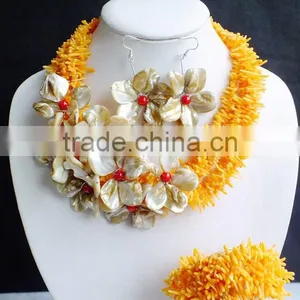 Fancy Styles!!! New Arrival Beauty Yellow Coral and Shell Flower Jewelry Set thumbnail-2