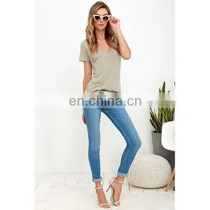 Fashion Design Plain Women T-Shirts Wholesale V-neck Short Sleeves Blank T-shirt thumbnail-2