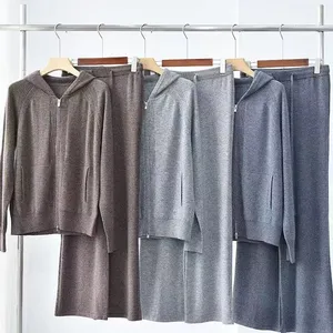 Women's 100% Cashmere Suit Hooded Zipper Coat Knitted Sweater Wide-leg Pants Two-piece Set for Autumn and Winter thumbnail-1