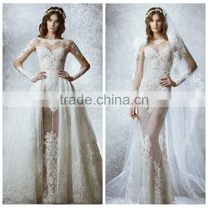 Simple Boat Neck Lace Long Sleeve Corset Wedding Dress thumbnail-1