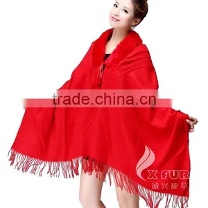 CX-B-P-34A Fur Trimmed Cape Fashion Fur Pashmina Shawl thumbnail-2